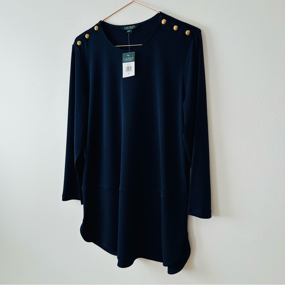 New Lauren Ralph Lauren Navy Blue Blouse Top with Gold Button Details - Picture 5 of 8